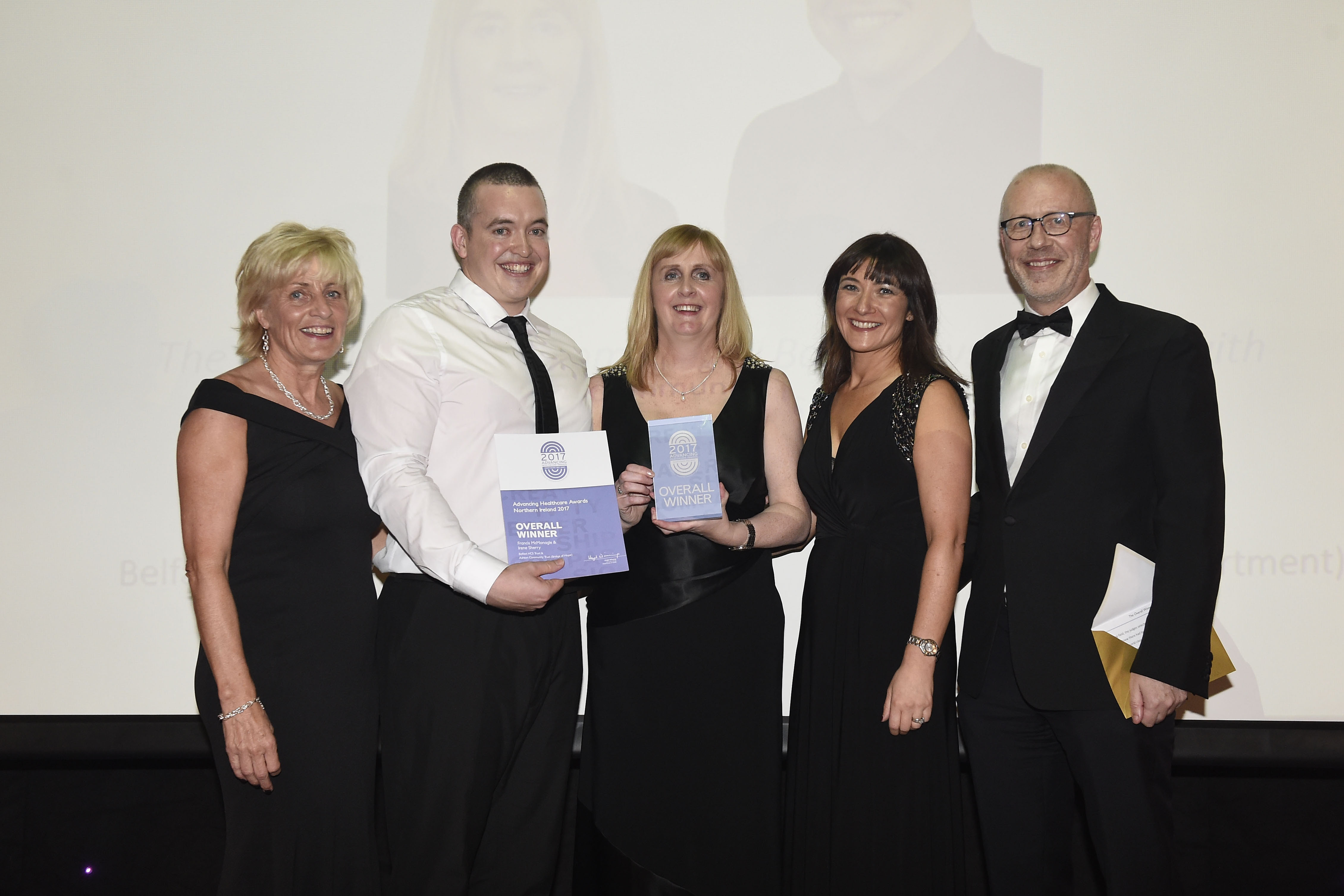 Left to right: AHP lead officer Hazel Winning, specialist MSK physio Francis McMonagle, Irene Sherry, Head of Victims & Mental Health Services at Bridge of Hope, Awards host Jo Scott and Ian Young, Chief Scientific Advisor at the Department of Health. Photo: Michael Cooper